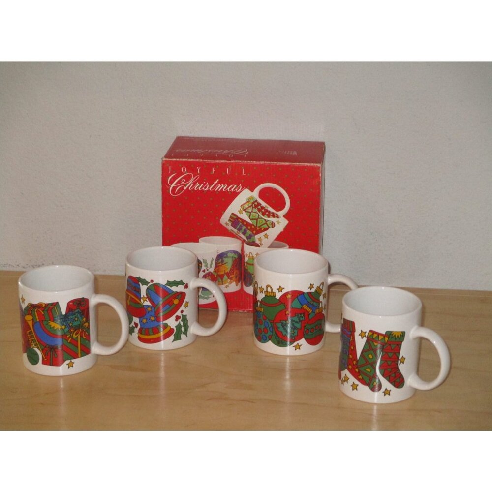 At Home Set of 4 Different Joyful Christmas Mugs Style 2106 Brand New in Box